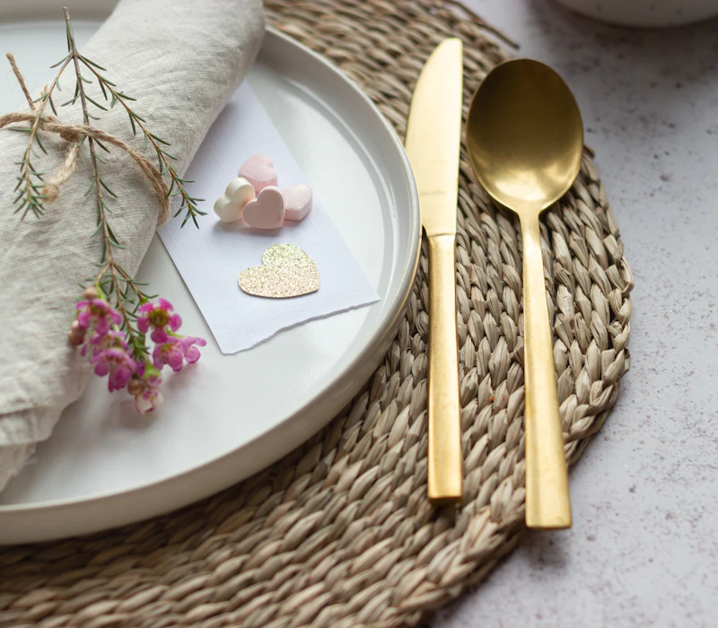 A white plate with a gold fork and knife on a woven placemat