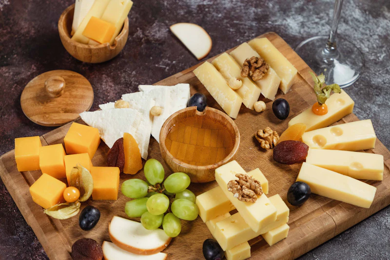 Cheese board with honey, grapes, sliced apple and nuts beside a glass of white wine